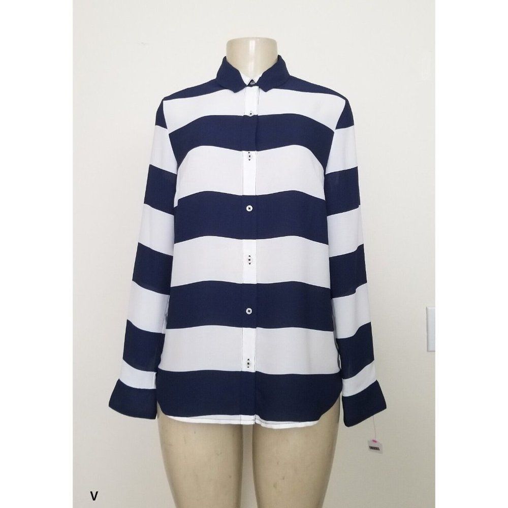 BANANA REPUBLIC STRIPED CHIFFON  BLOUSE WHITE BLUE  LONG SLEEVES SIZE S #677